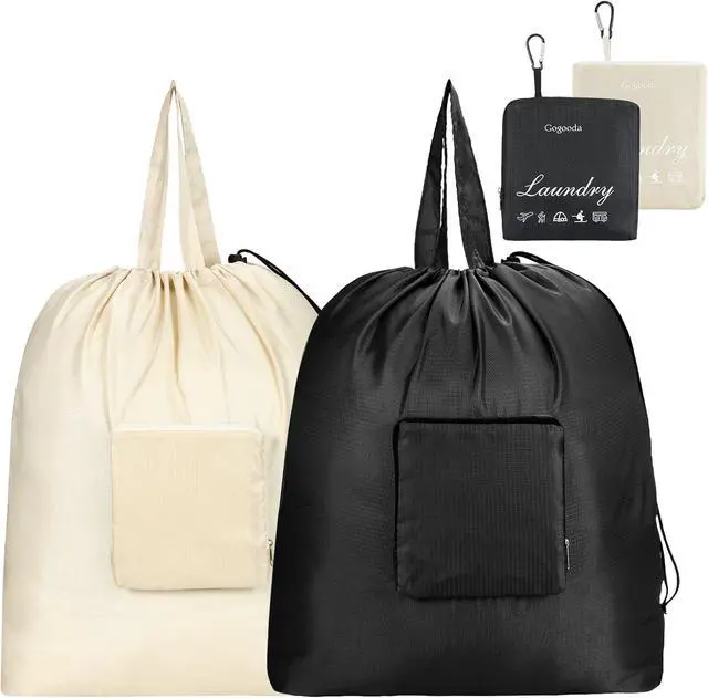 Main image of GOGOODA Travel Laundry Bags with Drawstring Closure XL Large with Handle | Foldable Dirty Clothes bags Heavy Duty and Washable for College Dorm Travelling Camping, 2 Pack, Black & Beige