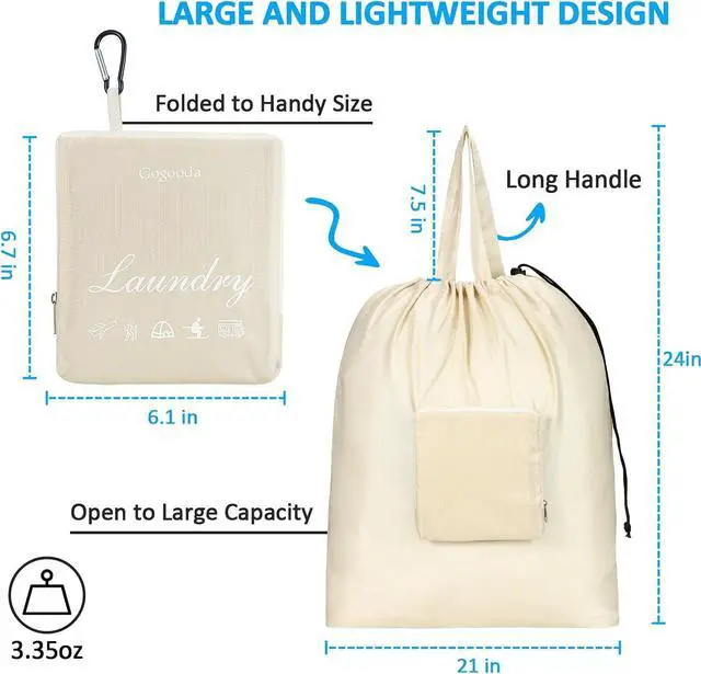 Alt view image 2 of 7 - GOGOODA Travel Laundry Bags with Drawstring Closure XL Large with Handle | Foldable Dirty Clothes bags Heavy Duty and Washable for College Dorm Travelling Camping, 2 Pack, Black & Beige