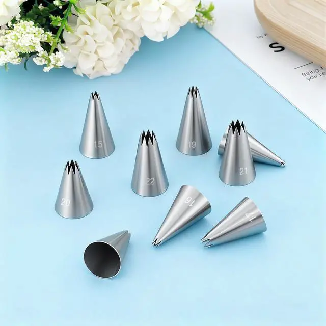Alt view image 4 of 7 - 9Pcs Stainless Steel Piping Tips Set, Star Tube Frosting Nozzle | French Open Icing Tips, Cake Decorating tips for Cupcakes, Cookies, Cakes, Small Size