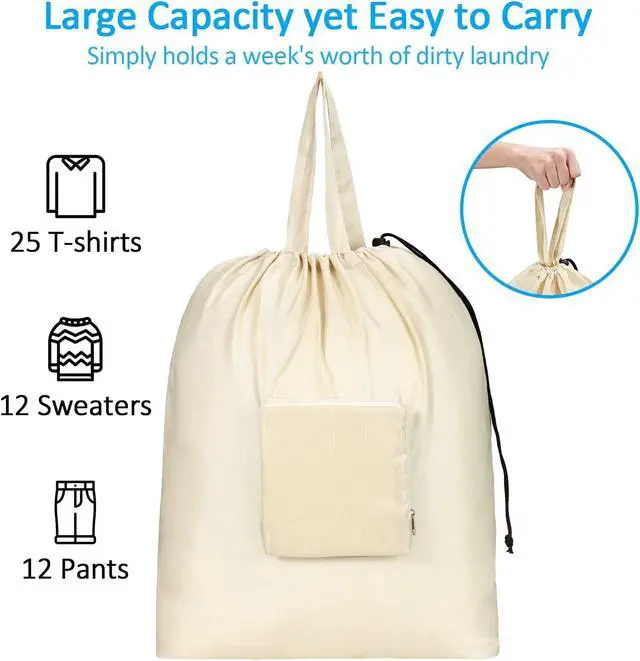 Alt view image 4 of 7 - GOGOODA Travel Laundry Bags with Drawstring Closure XL Large with Handle | Foldable Dirty Clothes bags Heavy Duty and Washable for College Dorm Travelling Camping, 2 Pack, Black & Beige