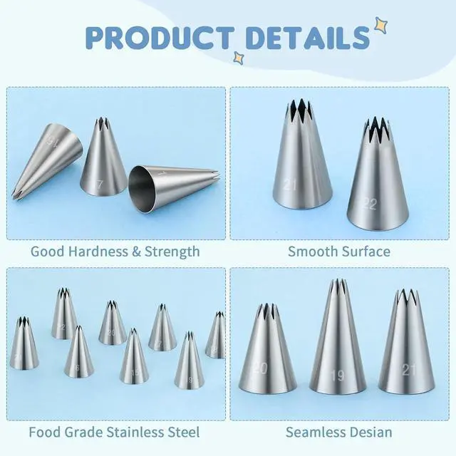 Alt view image 3 of 7 - 9Pcs Stainless Steel Piping Tips Set, Star Tube Frosting Nozzle | French Open Icing Tips, Cake Decorating tips for Cupcakes, Cookies, Cakes, Small Size