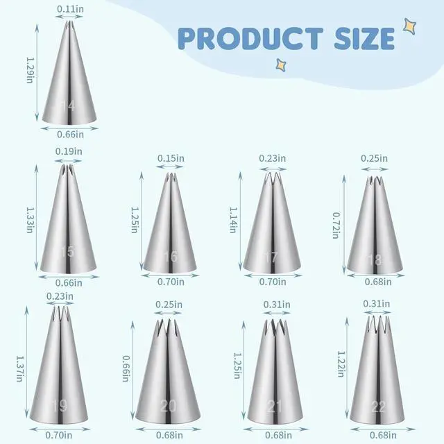 Alt view image 2 of 7 - 9Pcs Stainless Steel Piping Tips Set, Star Tube Frosting Nozzle | French Open Icing Tips, Cake Decorating tips for Cupcakes, Cookies, Cakes, Small Size