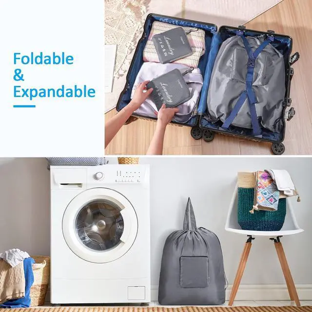 Alt view image 5 of 7 - GOGOODA Travel Laundry Bags with Drawstring Closure XL Large with Handle | Foldable Dirty Clothes bags Heavy Duty and Washable for College Dorm Travelling Camping, 2 Pack, Black & Beige