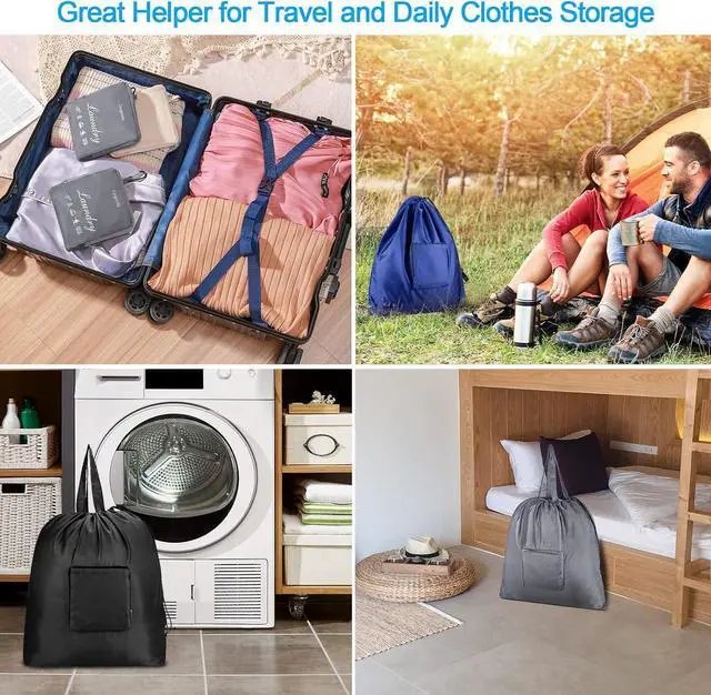 Alt view image 6 of 7 - GOGOODA Travel Laundry Bags with Drawstring Closure XL Large with Handle | Foldable Dirty Clothes bags Heavy Duty and Washable for College Dorm Travelling Camping, 2 Pack, Black & Beige