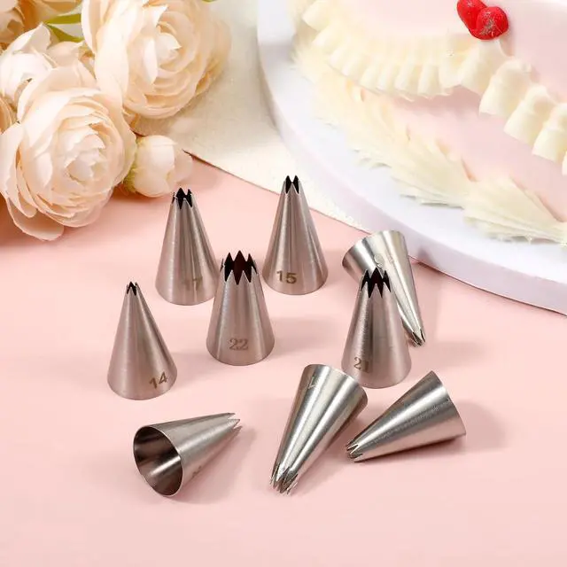 Alt view image 7 of 7 - Stainless Steel Star Piping Tips Set, 9 Piece French Star Tube Frosting Nozzle Kit Open Stars Piping Tips Set Pastry Decorating Tip For Cupcakes Cookies Cakes (Small Size)