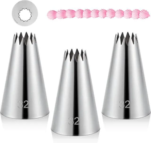 Main image of 3 Pieces #32 Cake Piping Tip Open Star Icing Tip Seamless Icing Tips Stainless Steel Cupcake Piping Tips for Frosting Macarons Dessert Cake Decorations, Sliver