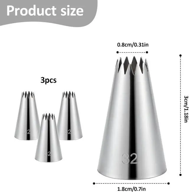Alt view image 5 of 7 - 3 Pieces #32 Cake Piping Tip Open Star Icing Tip Seamless Icing Tips Stainless Steel Cupcake Piping Tips for Frosting Macarons Dessert Cake Decorations, Sliver