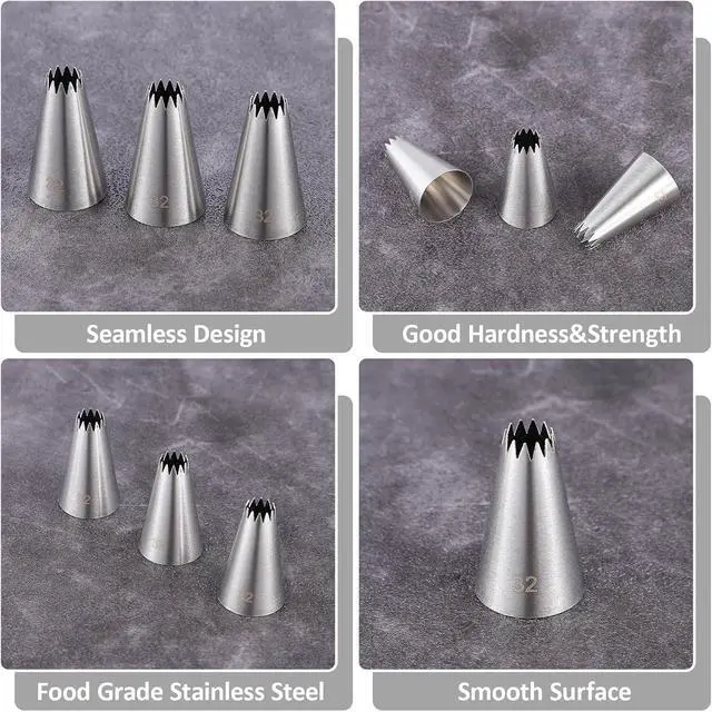 Alt view image 4 of 7 - 3 Pieces #32 Cake Piping Tip Open Star Icing Tip Seamless Icing Tips Stainless Steel Cupcake Piping Tips for Frosting Macarons Dessert Cake Decorations, Sliver