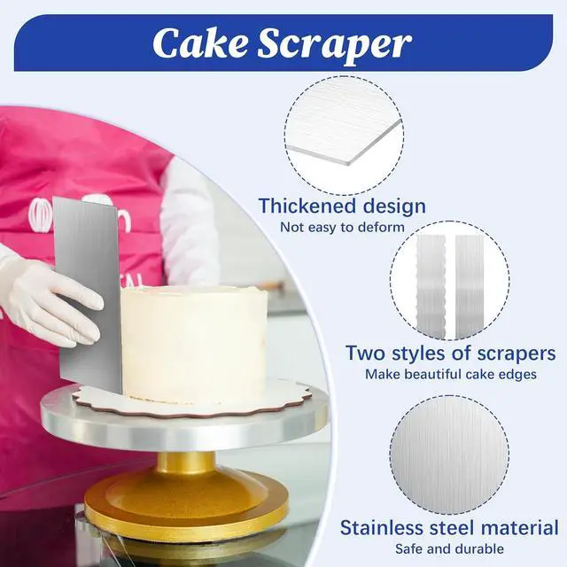 Alt view image 3 of 7 - 2 Pack Stainless Steel Cake Scraper, 8.6-inch Double Sided Patterned Edge Stripe Edge Smoother Scraper Cake Decorating Tools, Metal Cake Carving Smoothing Cream Pastry Baking
