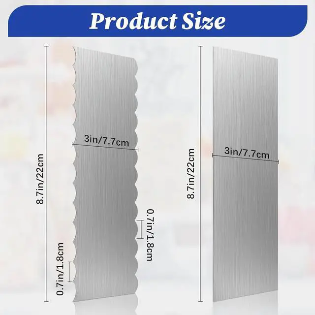 Alt view image 2 of 7 - 2 Pack Stainless Steel Cake Scraper, 8.6-inch Double Sided Patterned Edge Stripe Edge Smoother Scraper Cake Decorating Tools, Metal Cake Carving Smoothing Cream Pastry Baking