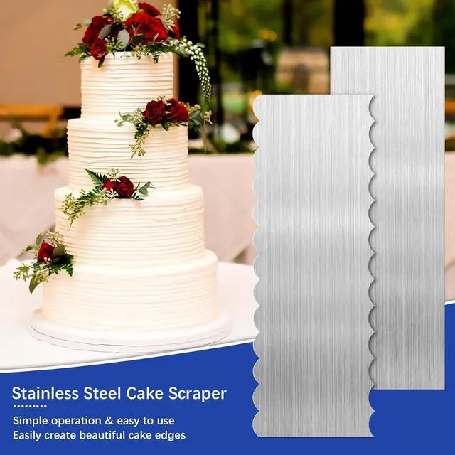 Alt view image 5 of 7 - 2 Pack Stainless Steel Cake Scraper, 8.6-inch Double Sided Patterned Edge Stripe Edge Smoother Scraper Cake Decorating Tools, Metal Cake Carving Smoothing Cream Pastry Baking