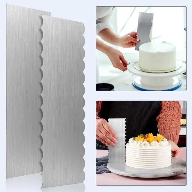 Alt view image 4 of 7 - 2 Pack Stainless Steel Cake Scraper, 8.6-inch Double Sided Patterned Edge Stripe Edge Smoother Scraper Cake Decorating Tools, Metal Cake Carving Smoothing Cream Pastry Baking