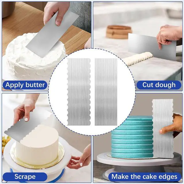 Alt view image 7 of 7 - 2 Pack Stainless Steel Cake Scraper, 8.6-inch Double Sided Patterned Edge Stripe Edge Smoother Scraper Cake Decorating Tools, Metal Cake Carving Smoothing Cream Pastry Baking