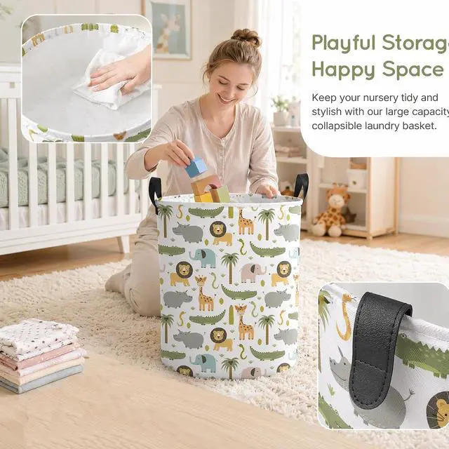 Alt view image 5 of 7 - Baby Boy Hamper Waterproof Kids Laundry Basket Clothes Storage Bin Woodland Animal Nursery Room Decor (Green)