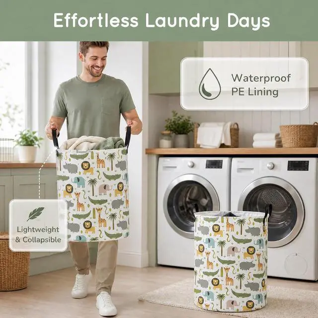 Alt view image 6 of 7 - Baby Boy Hamper Waterproof Kids Laundry Basket Clothes Storage Bin Woodland Animal Nursery Room Decor (Green)
