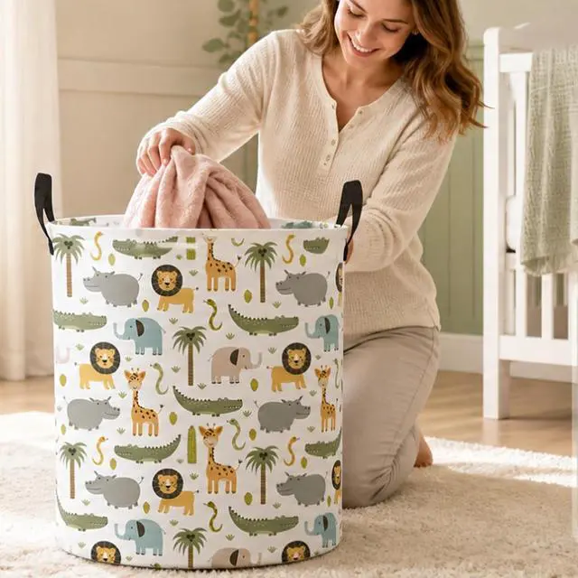Alt view image 7 of 7 - Baby Boy Hamper Waterproof Kids Laundry Basket Clothes Storage Bin Woodland Animal Nursery Room Decor (Green)