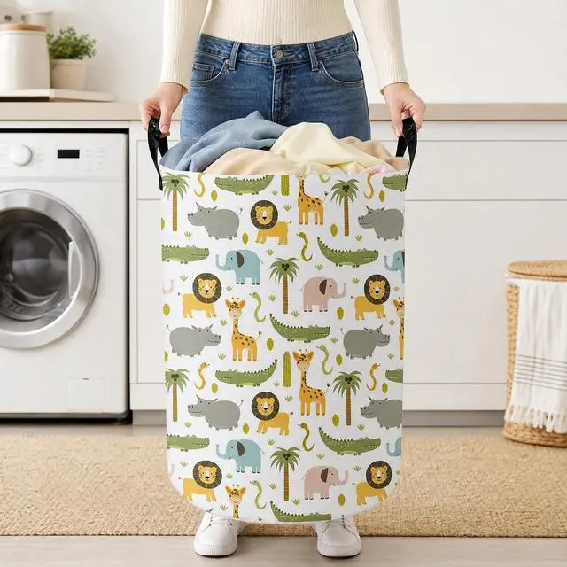 Alt view image 3 of 7 - Baby Boy Hamper Waterproof Kids Laundry Basket Clothes Storage Bin Woodland Animal Nursery Room Decor (Green)