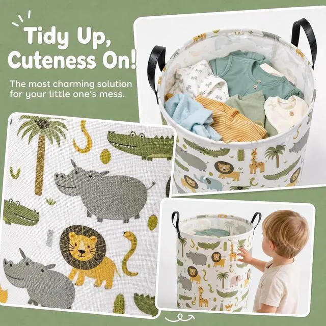 Alt view image 4 of 7 - Baby Boy Hamper Waterproof Kids Laundry Basket Clothes Storage Bin Woodland Animal Nursery Room Decor (Green)