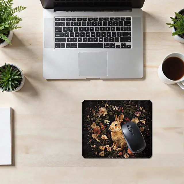 Alt view image 2 of 6 - Vintage Floral Bunny Mouse Pad, Gifts for Bunny and Rabbit Lovers, Dark Cottagecore Moody Flower Rabbit Mouse Pad for Home Office Computer Gaming Desk Essentials, 9.5x7.9 Inch