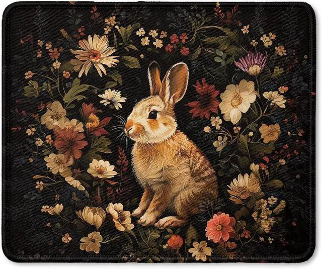 Main image of Vintage Floral Bunny Mouse Pad, Gifts for Bunny and Rabbit Lovers, Dark Cottagecore Moody Flower Rabbit Mouse Pad for Home Office Computer Gaming Desk Essentials, 9.5x7.9 Inch