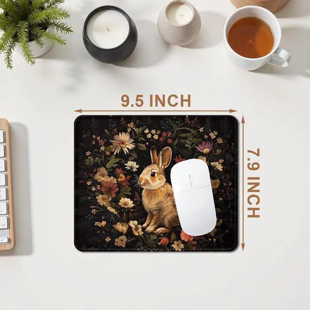 Alt view image 5 of 6 - Vintage Floral Bunny Mouse Pad, Gifts for Bunny and Rabbit Lovers, Dark Cottagecore Moody Flower Rabbit Mouse Pad for Home Office Computer Gaming Desk Essentials, 9.5x7.9 Inch