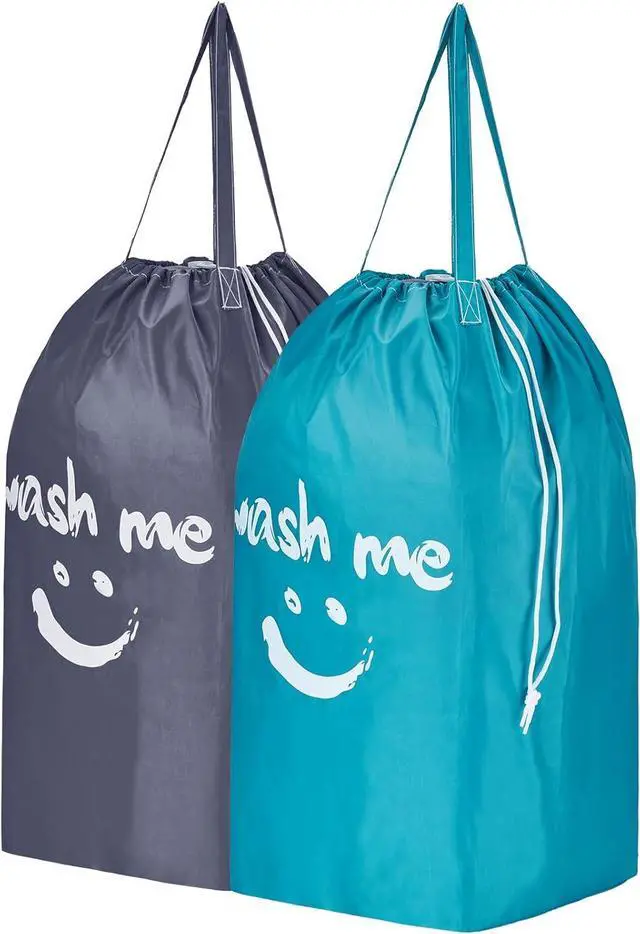 Main image of HOMEST 2 Pack Wash Me Travel Laundry Bag with Handles | Square Base Can Carry Up to 3 Loads of Clothes, Dirty Garments Storage with Drawstring Closure, Light Blue and Grey
