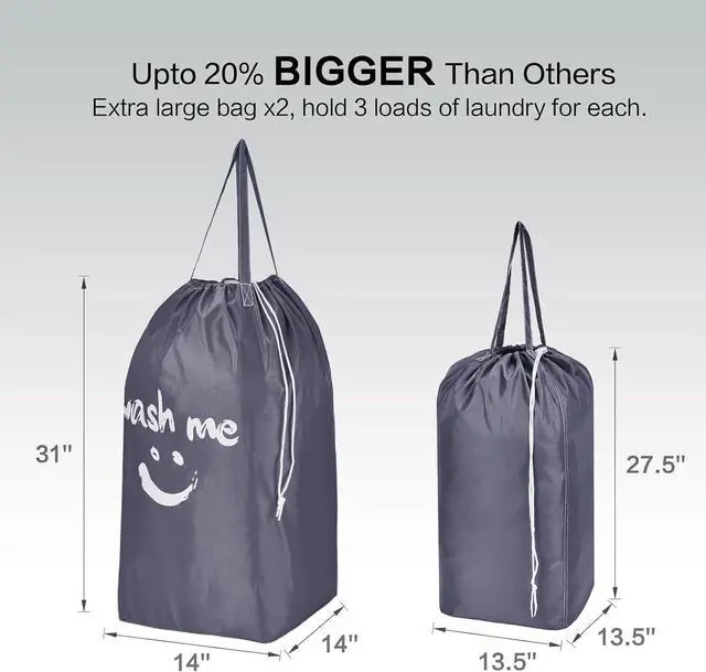 Alt view image 3 of 6 - HOMEST 2 Pack Wash Me Travel Laundry Bag with Handles | Square Base Can Carry Up to 3 Loads of Clothes, Dirty Garments Storage with Drawstring Closure, Light Blue and Grey