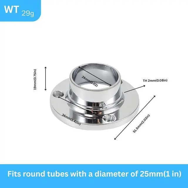 Alt view image 2 of 6 - Stainless Steel Closet Rod Support - 3 Styles of Fixed Seat Flange - 1 Inch Diameter - Heavy-Duty Bracket - End Support Piece for Closet Rods with Screws (Round Base)