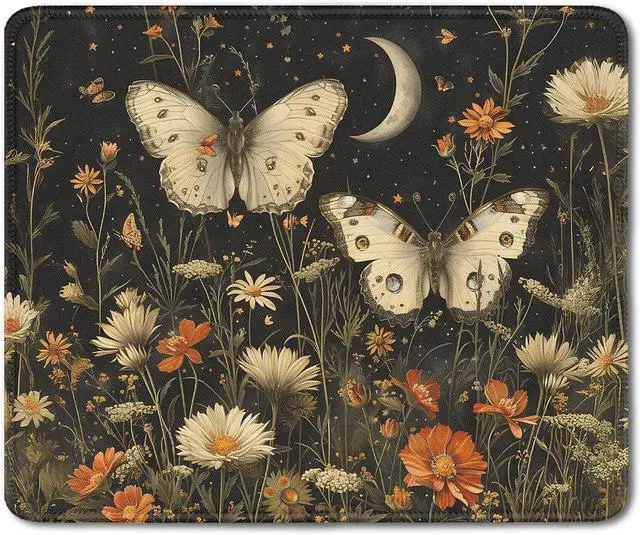 Main image of Vintage Floral Butterfly Field Mouse Pad, Dark Contemporary Botanical Moth Mousepad for Desk Home Office Dorm Computers, Nature Aesthetic Office Supplies Desk Accessories, 9.5x7.9 Inch