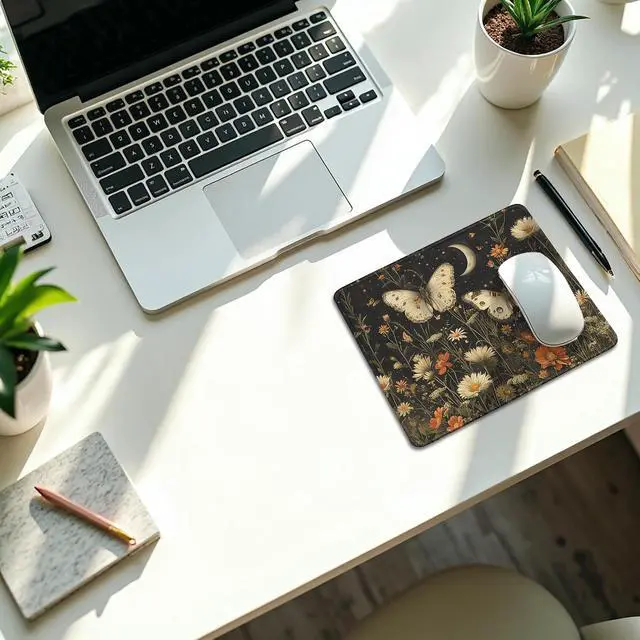 Alt view image 2 of 6 - Vintage Floral Butterfly Field Mouse Pad, Dark Contemporary Botanical Moth Mousepad for Desk Home Office Dorm Computers, Nature Aesthetic Office Supplies Desk Accessories, 9.5x7.9 Inch