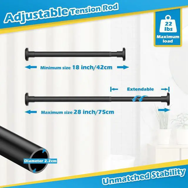 Alt view image 4 of 7 - Short Tension Rod 18 to 28 Inch Small Spring Tension Rod No Drilling Adjustable Black Curtain Rod for Windows, Closet, Doorway, Door