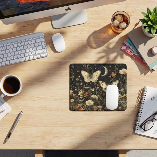 Alt view image 3 of 6 - Vintage Floral Butterfly Field Mouse Pad, Dark Contemporary Botanical Moth Mousepad for Desk Home Office Dorm Computers, Nature Aesthetic Office Supplies Desk Accessories, 9.5x7.9 Inch