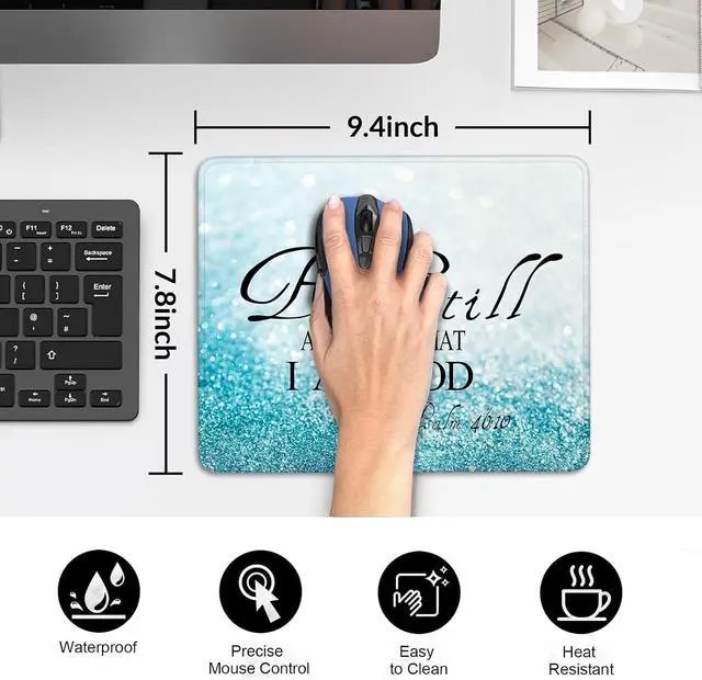 Alt view image 3 of 7 - Christian Mouse Pad with Stitched Edge - Be Still and Know That I Am God Psalm 46:11 - Inspirational Religious Desk Accessory - Non-Slip Rubber Base - Purple Design