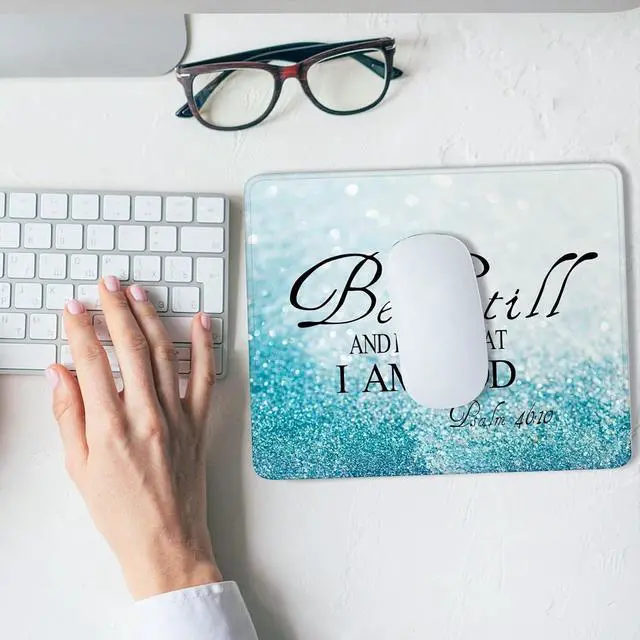 Alt view image 2 of 7 - Christian Mouse Pad with Stitched Edge - Be Still and Know That I Am God Psalm 46:11 - Inspirational Religious Desk Accessory - Non-Slip Rubber Base - Purple Design