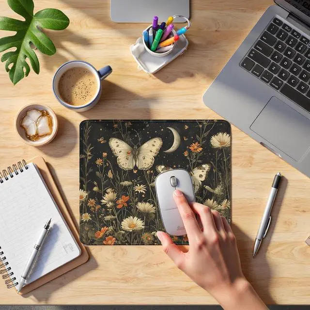 Alt view image 5 of 6 - Vintage Floral Butterfly Field Mouse Pad, Dark Contemporary Botanical Moth Mousepad for Desk Home Office Dorm Computers, Nature Aesthetic Office Supplies Desk Accessories, 9.5x7.9 Inch
