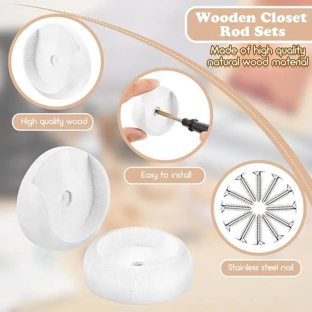 Alt view image 3 of 7 - Yookeer 4 Pack Wood Closet Rod Socket 1-3/8" Pole Holders,white | Wall Mount Brackets for Hanging Poles, Curtain Rods, Includes Screws, Wardrobe Hallway Bathroom Use, Wooden Finish