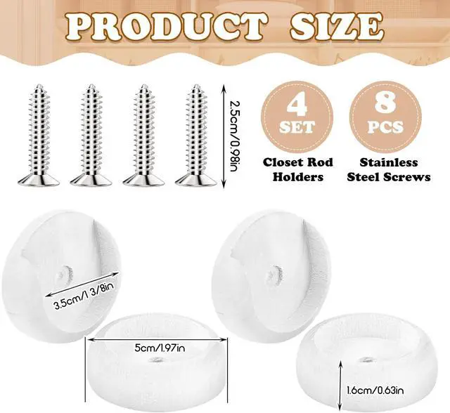 Alt view image 2 of 7 - Yookeer 4 Pack Wood Closet Rod Socket 1-3/8" Pole Holders,white | Wall Mount Brackets for Hanging Poles, Curtain Rods, Includes Screws, Wardrobe Hallway Bathroom Use, Wooden Finish