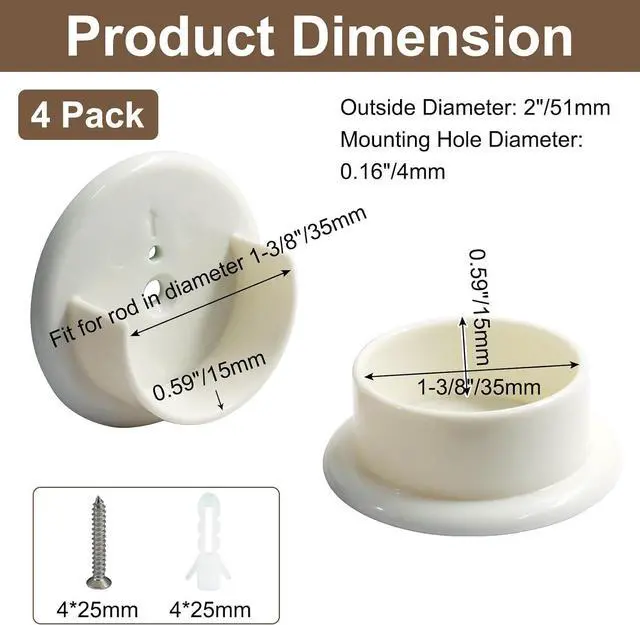 Alt view image 2 of 7 - 2 Sets Plastic Closet Pole Sockets, 1-3/8" U-Shaped Rod Holders | Universal, for Wardrobe, Curtain, Heavy Duty Rod Support Brackets, White