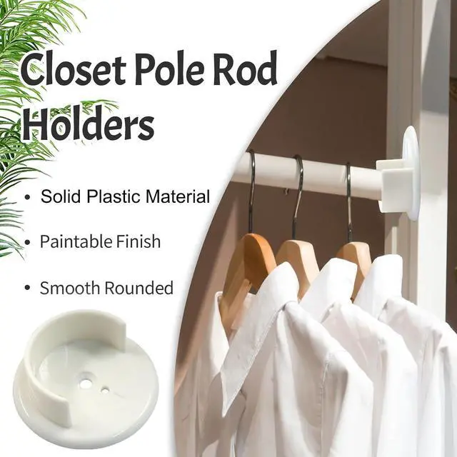 Alt view image 3 of 7 - 2 Sets Plastic Closet Pole Sockets, 1-3/8" U-Shaped Rod Holders | Universal, for Wardrobe, Curtain, Heavy Duty Rod Support Brackets, White