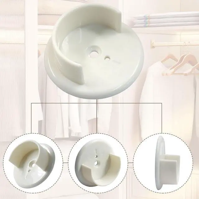 Alt view image 4 of 7 - 2 Sets Plastic Closet Pole Sockets, 1-3/8" U-Shaped Rod Holders | Universal, for Wardrobe, Curtain, Heavy Duty Rod Support Brackets, White