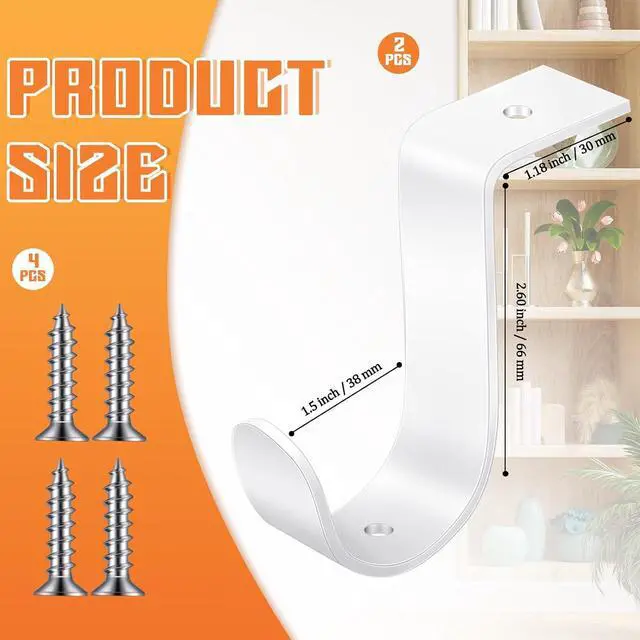 Alt view image 2 of 6 - Hicarer 2 Pcs Closet Rod Brackets Metal White 1.5 Inch | Heavy Duty Wall Mount Rod Brackets, with Screws, Closet Pole Support, for Living Room Bedroom Shelf Office