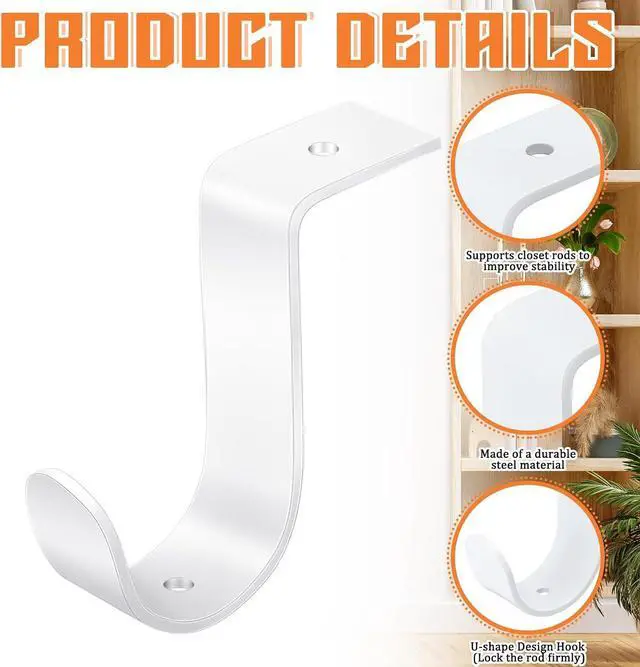 Alt view image 3 of 6 - Hicarer 2 Pcs Closet Rod Brackets Metal White 1.5 Inch | Heavy Duty Wall Mount Rod Brackets, with Screws, Closet Pole Support, for Living Room Bedroom Shelf Office
