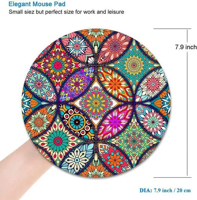Alt view image 5 of 7 - BOSOBO Cute Mouse Pad, Round Mandala Mouse Mat with Design, Non-Slip Rubber Base Mousepad with Stitched Edge, Waterproof Women Small Size 7.9 x 7.9 Inch, Pretty Mandala