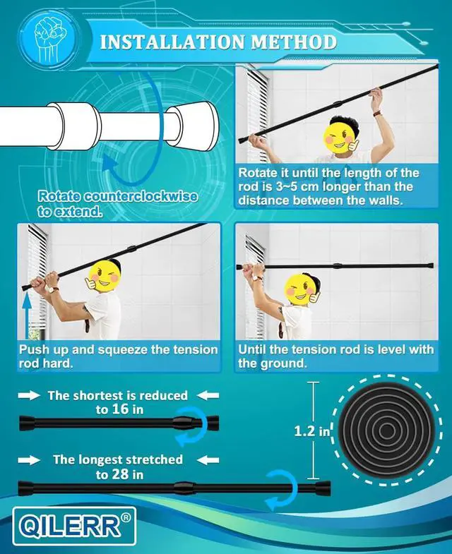 Alt view image 4 of 7 - Small Tension Rods 16 to 28 Inches, Adjustable Short Extension Curtain Rod, Heavy Duty Spring Loaded Mini tension rods for Windows, Curtain, Closet, Clothes, Diameter 1inch, Black