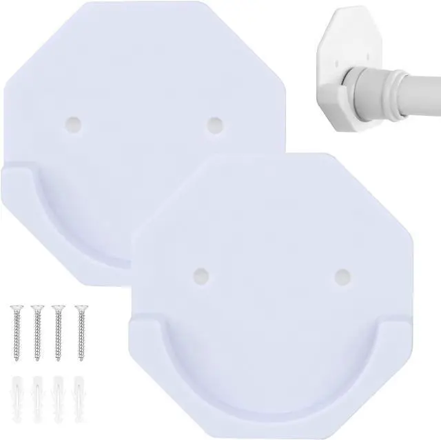 Main image of Shower Rod Holders Adhesive Tension Curtain Brackets Stick on Pole End Caps Screw in Bar Hanging Supports for Wall Mounted in Bathroom Closet, U Shaped White Cups Plates Rod Protectors