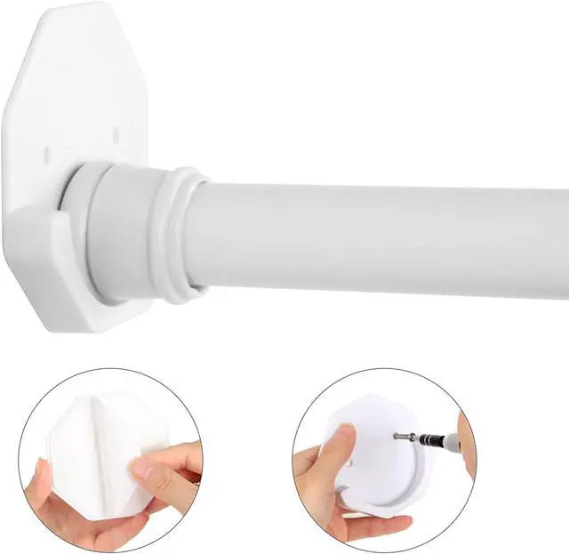 Alt view image 2 of 7 - Shower Rod Holders Adhesive Tension Curtain Brackets Stick on Pole End Caps Screw in Bar Hanging Supports for Wall Mounted in Bathroom Closet, U Shaped White Cups Plates Rod Protectors