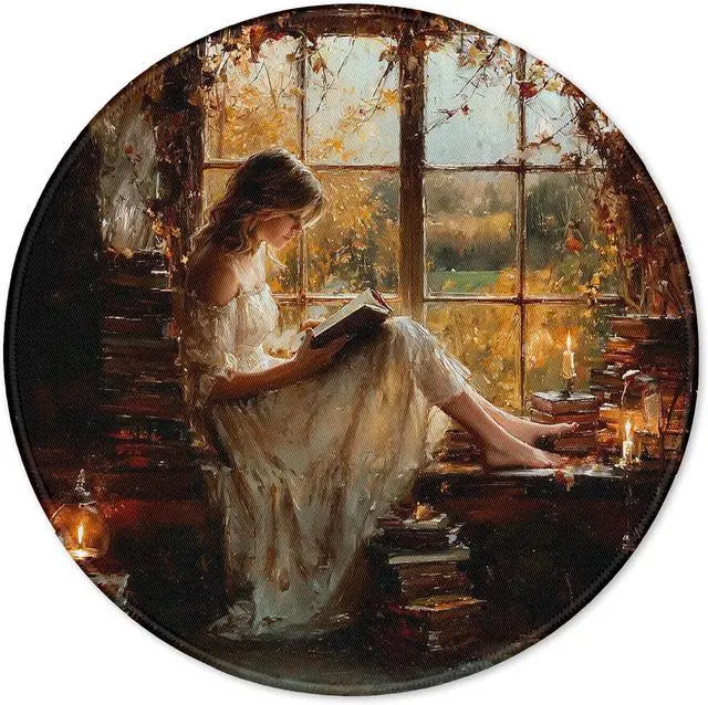 Main image of Vintage Woman Reading Round Mouse Pad for Desk 7.9x7.9, Retro Country Female Bookish Decor, Book Lover Gifts Moody Plant Mousepad for Work Computers Laptop Home Office Dorm Desk Accessories
