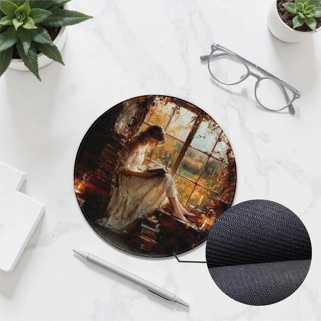 Alt view image 5 of 6 - Vintage Woman Reading Round Mouse Pad for Desk 7.9x7.9, Retro Country Female Bookish Decor, Book Lover Gifts Moody Plant Mousepad for Work Computers Laptop Home Office Dorm Desk Accessories