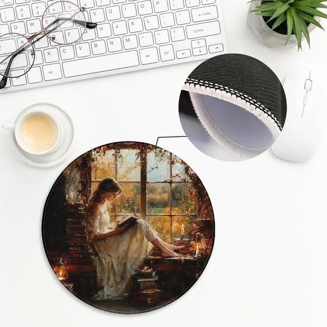 Alt view image 6 of 6 - Vintage Woman Reading Round Mouse Pad for Desk 7.9x7.9, Retro Country Female Bookish Decor, Book Lover Gifts Moody Plant Mousepad for Work Computers Laptop Home Office Dorm Desk Accessories