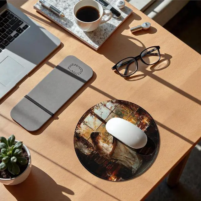 Alt view image 2 of 6 - Vintage Woman Reading Round Mouse Pad for Desk 7.9x7.9, Retro Country Female Bookish Decor, Book Lover Gifts Moody Plant Mousepad for Work Computers Laptop Home Office Dorm Desk Accessories